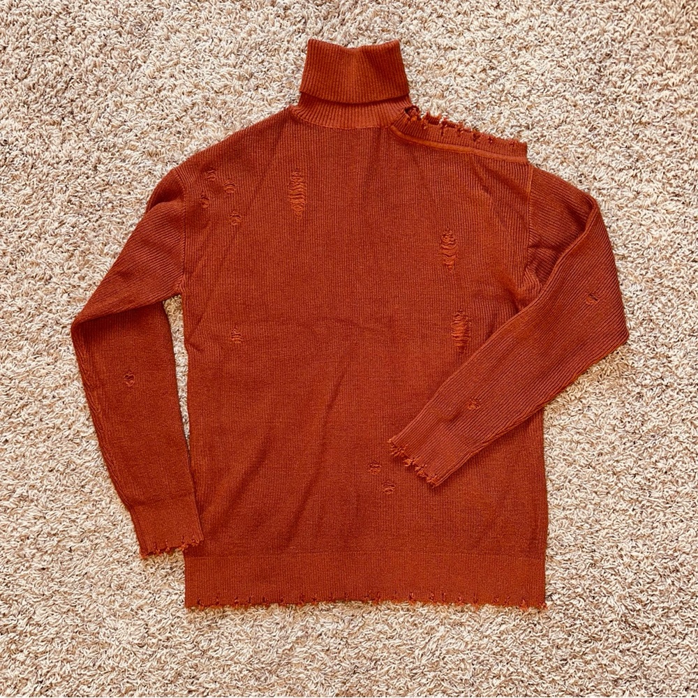 Cozy Turtleneck Cold Shoulder Cut Out Sweater Distressed XL Women’s Top Fall